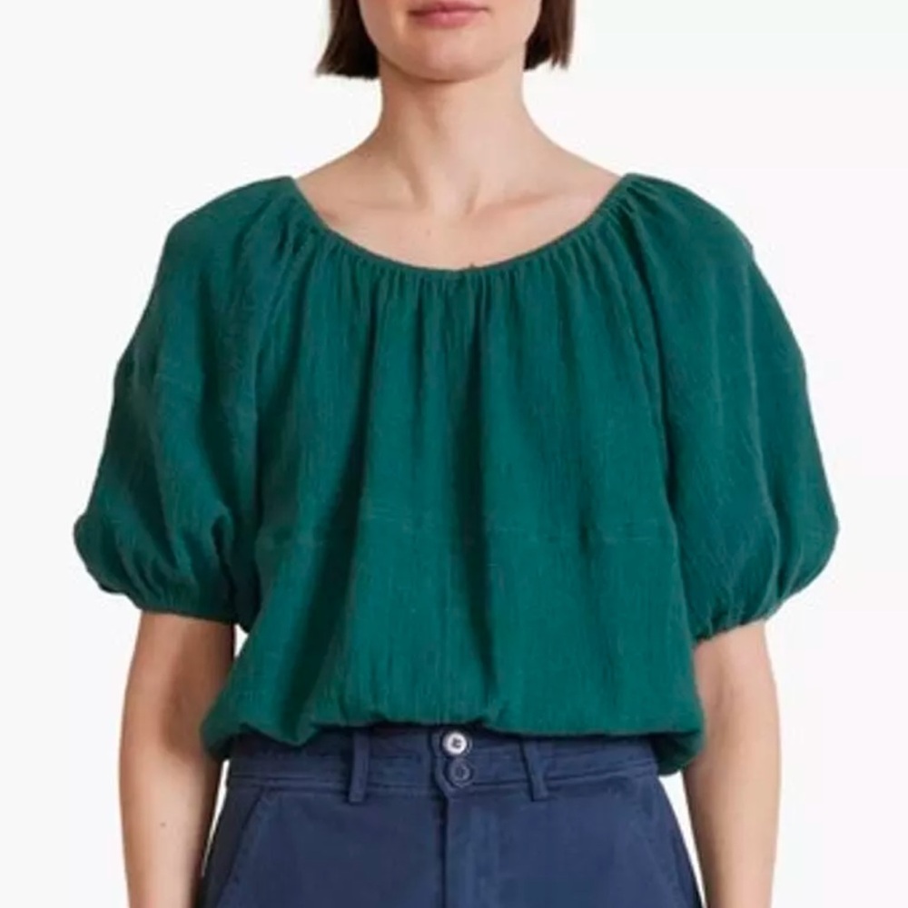 Apiece Apart Crinkle Organic Cotton Blouse Puff Sleeve